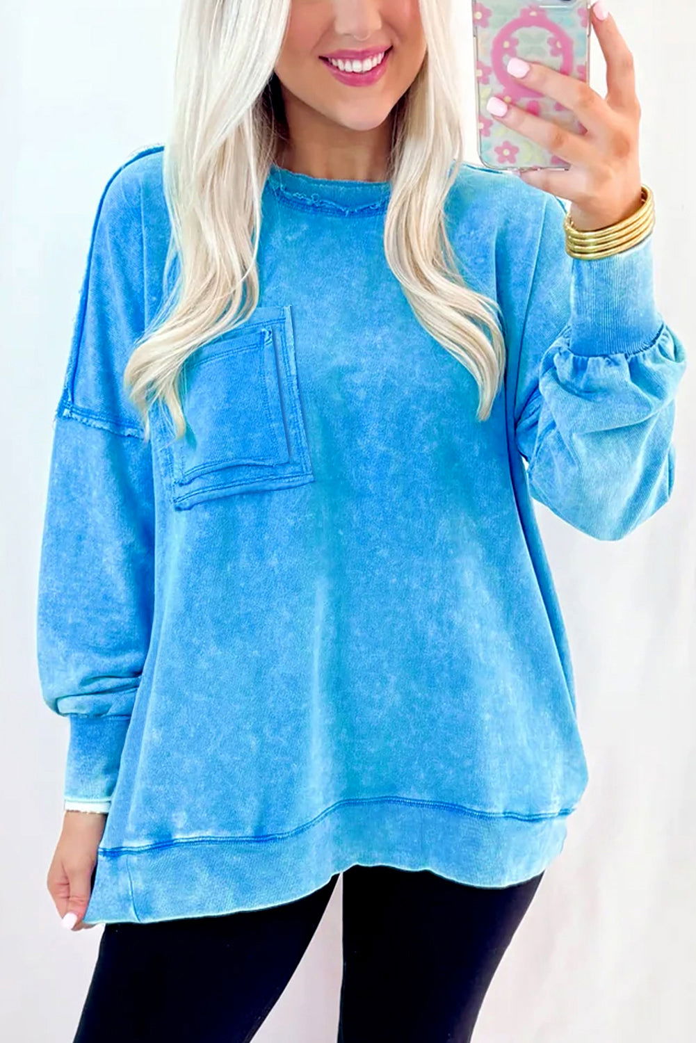 Blue Acid Washed Pocket Pullover Sweatshirt - ELLEsinil