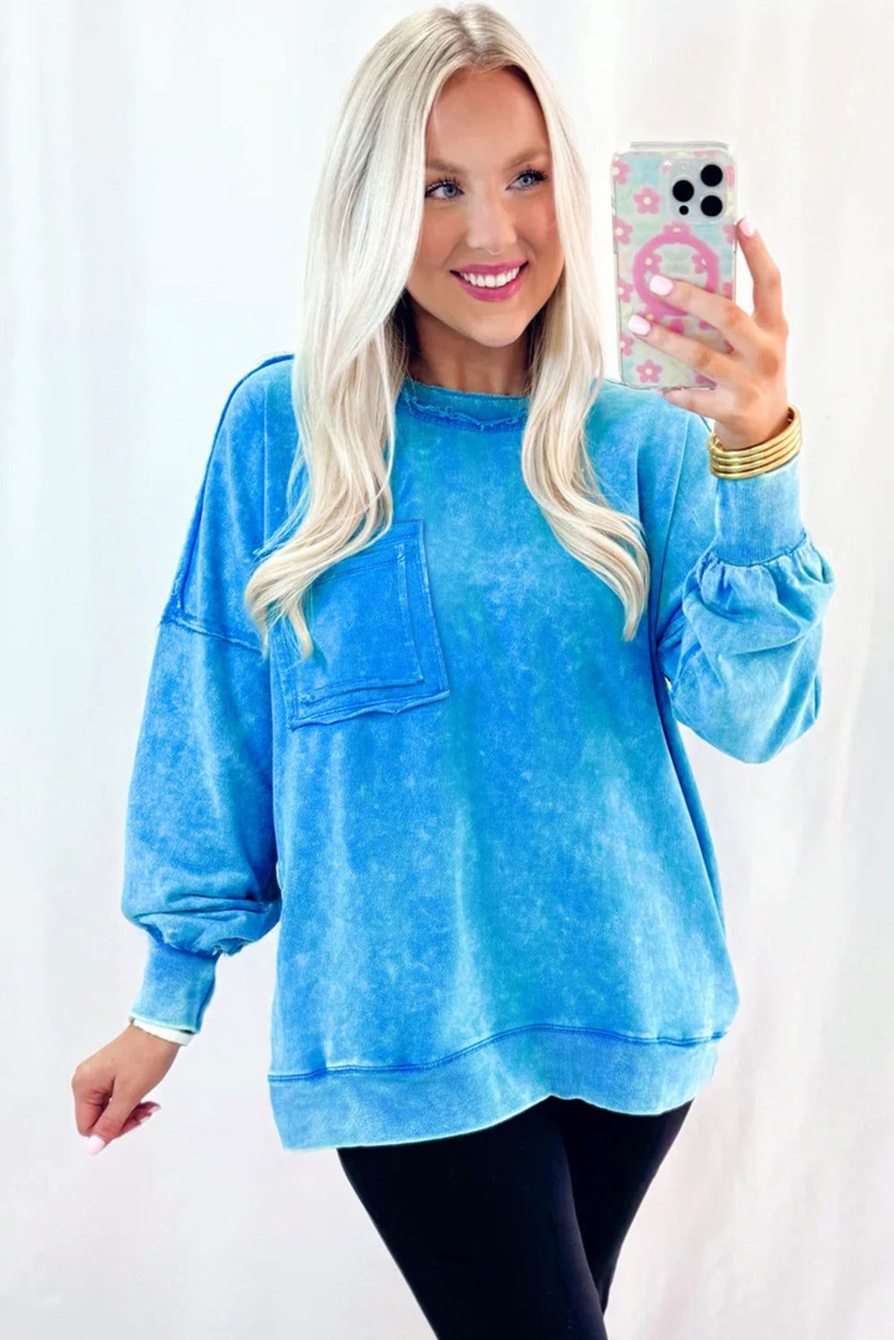 Blue Acid Washed Pocket Pullover Sweatshirt - ELLEsinil