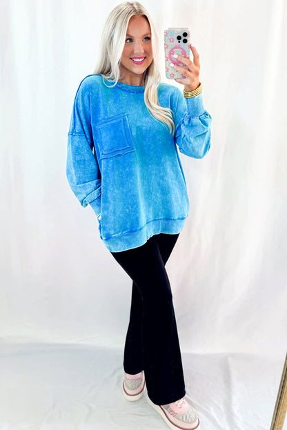 Blue Acid Washed Pocket Pullover Sweatshirt - ELLEsinil