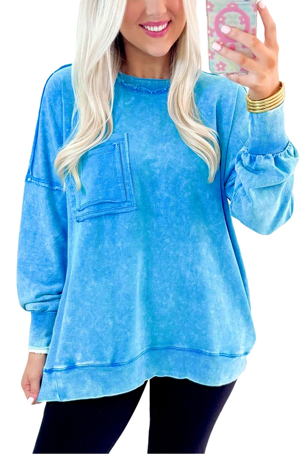 Blue Acid Washed Pocket Pullover Sweatshirt - ELLEsinil