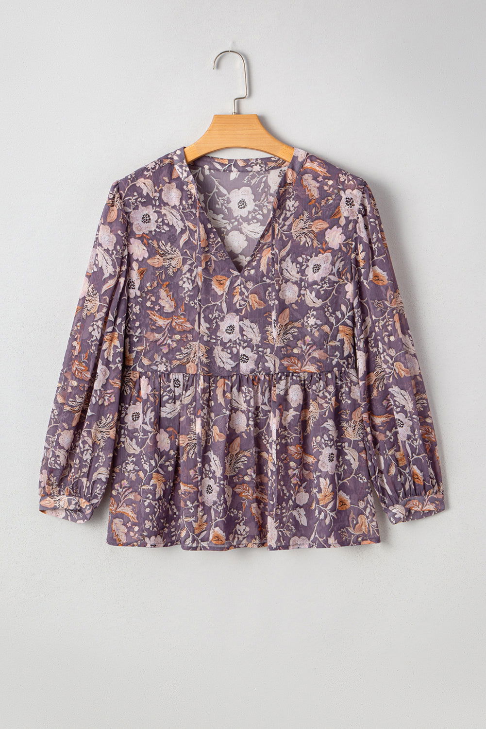 Blue Boho Flower Print 3/4 Sleeve Babydoll Blouse - ELLEsinil