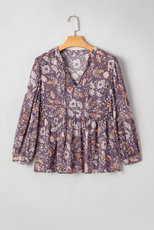 Blue Boho Flower Print 3/4 Sleeve Babydoll Blouse - ELLEsinil