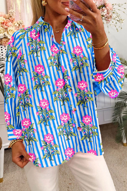 Blue Striped Floral Print Buttoned Cuffs Loose Fit Shirt - ELLEsinil