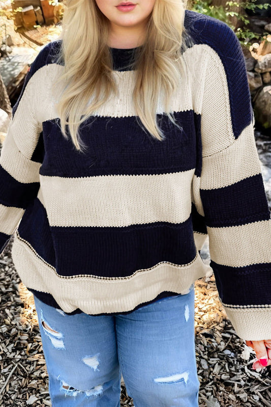 Blue Striped Plus Size Drop Shoulder Sweater - ELLEsinil