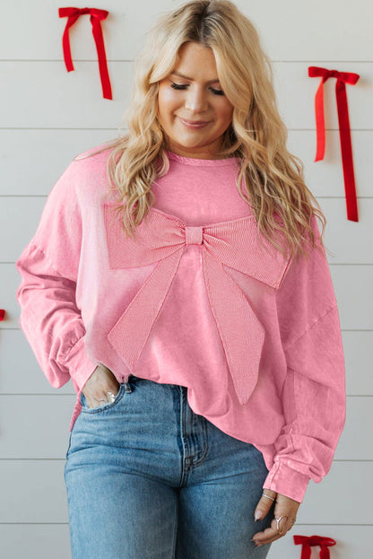 Bonbon Waffle Bowknot Patchwork Mineral Wash Plus Size Top - ELLEsinil