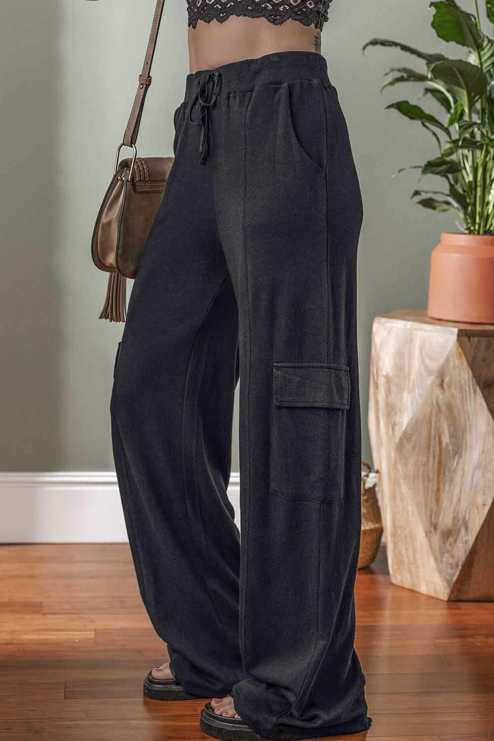 Carbon Grey Cargo Pockets Drawstring Sweatpants - ELLEsinil