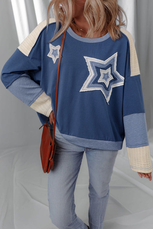 Dark Blue Knitted Colorblock Patchwork Star Patched Long Sleeve Top - ELLEsinil