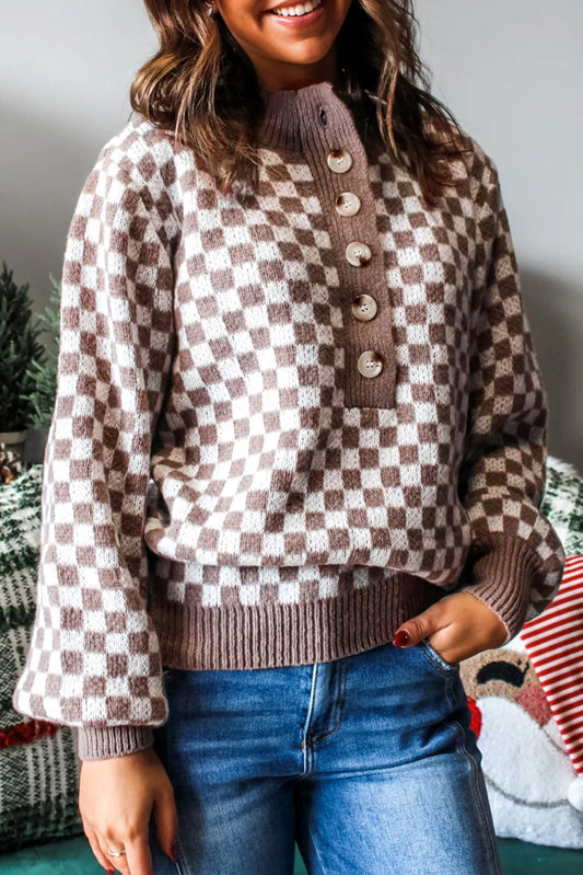 Dark Brown Plaid Contrast Trim Button Neck Sweater - ELLEsinil