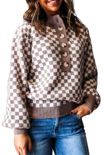 Dark Brown Plaid Contrast Trim Button Neck Sweater - ELLEsinil