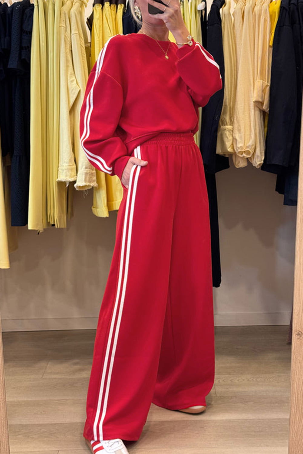 Fiery Red Varsity Striped Detail Crewneck Pullover Elastic Sweatpants 2pcs Outfit - ELLEsinil