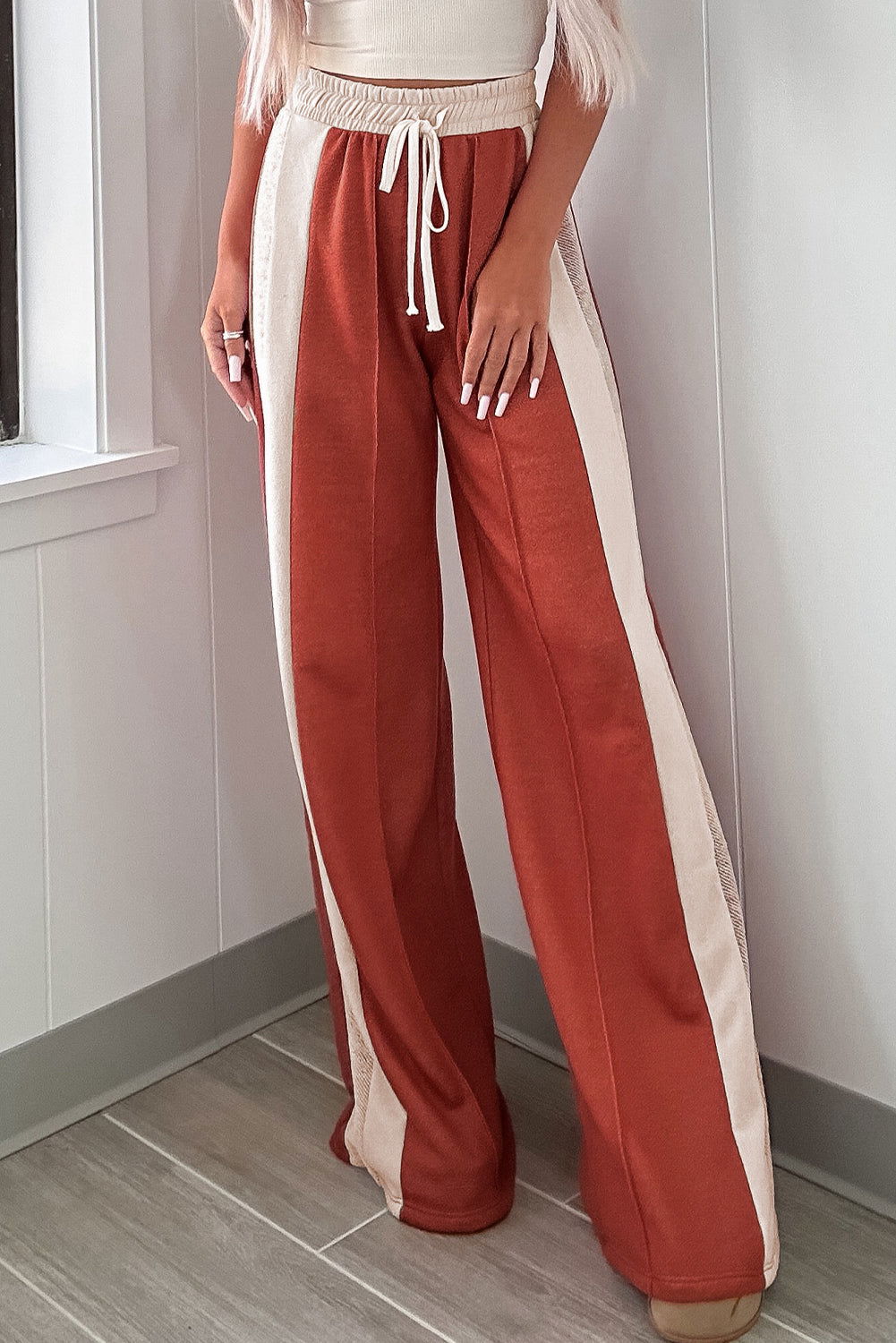 Flamingo Color Block Drawstring High Waist Wide Leg Pants - ELLEsinil