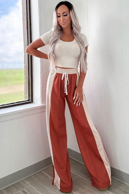 Flamingo Color Block Drawstring High Waist Wide Leg Pants - ELLEsinil