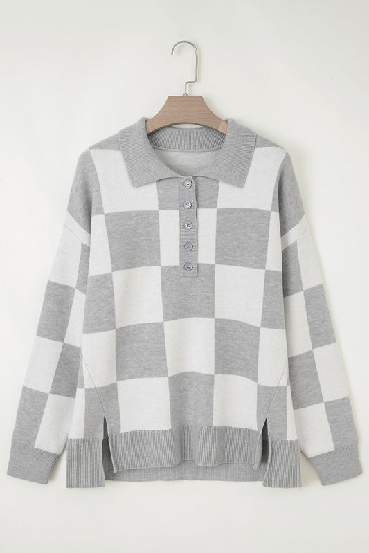 Gray Plus Size Checkered Pattern Button Polo Collar Split Sweater - ELLEsinil