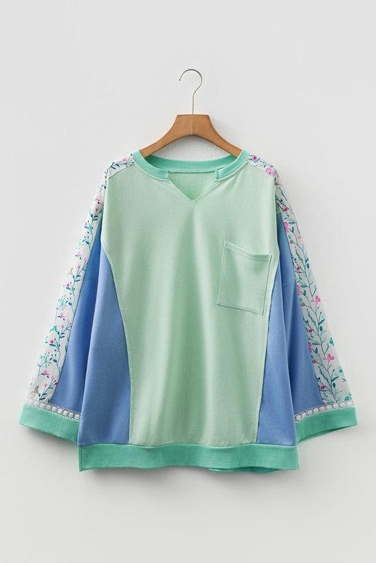 Green Color Block Floral Patchwork Long Sleeve Notched Neck Plus Size Top - ELLEsinil