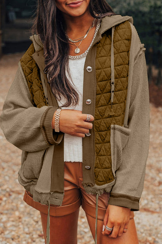 Jungle Green Quilted Textured Patchwork Loose Fit Hooded Jacket - ELLEsinil