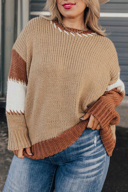 Light French Beige Contrast Stitch Detail Colorblock Knitted Plus Size Sweater - ELLEsinil