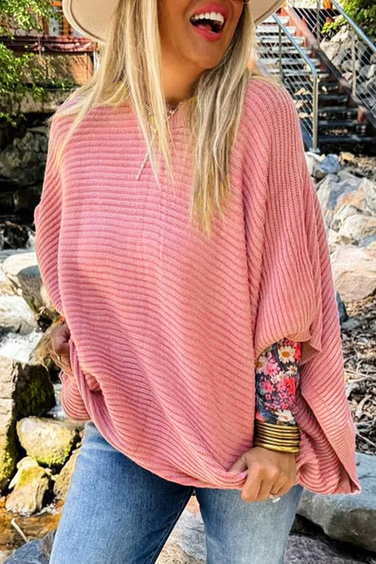 Light Pink Ribbed Knit Half Sleeve Plus Size Poncho Style Sweater - ELLEsinil