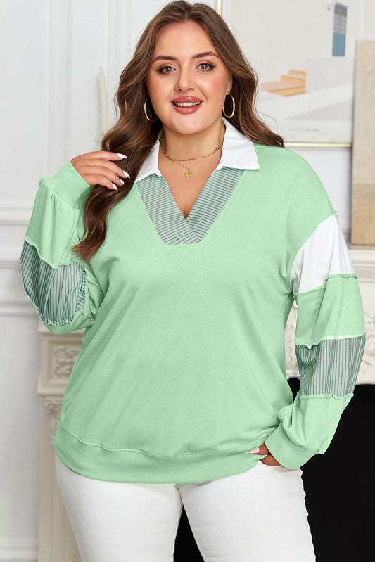 Moonlight Jade Color Block Striped Patchwork Collar V Neck Plus Size Sweatshirt - ELLEsinil