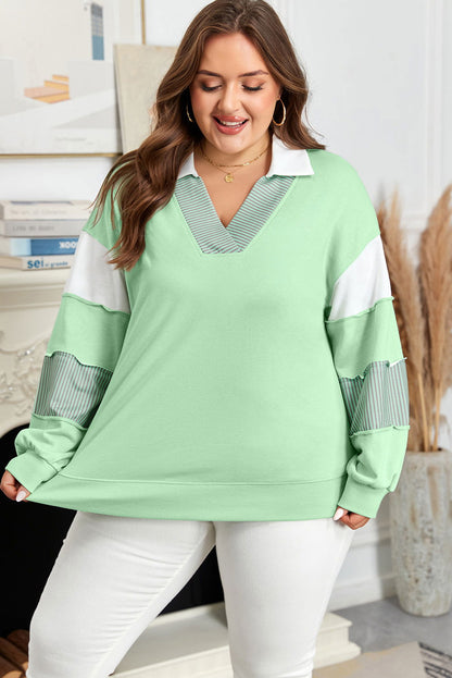 Moonlight Jade Color Block Striped Patchwork Collar V Neck Plus Size Sweatshirt - ELLEsinil