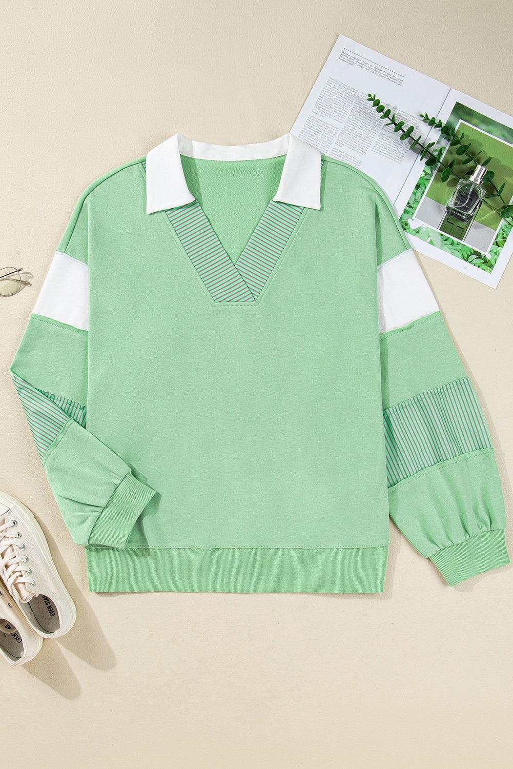 Moonlight Jade Color Block Striped Patchwork Collar V Neck Plus Size Sweatshirt - ELLEsinil