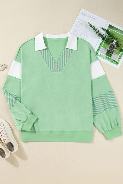 Moonlight Jade Color Block Striped Patchwork Collar V Neck Plus Size Sweatshirt - ELLEsinil