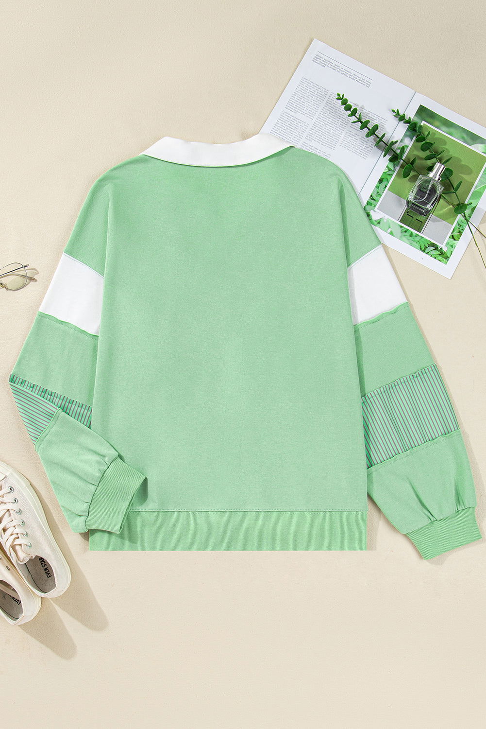 Moonlight Jade Color Block Striped Patchwork Collar V Neck Plus Size Sweatshirt - ELLEsinil