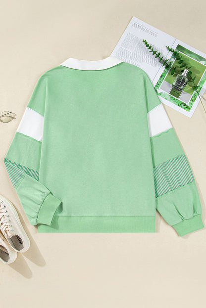 Moonlight Jade Color Block Striped Patchwork Collar V Neck Plus Size Sweatshirt - ELLEsinil