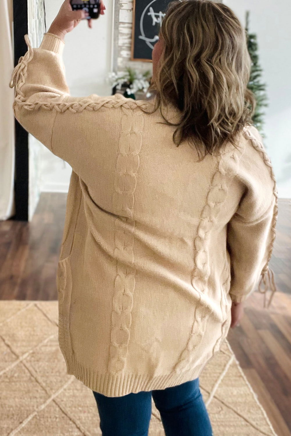 Parchment Cable Knit Braided Tie Sleeve Plus Size Knit Cardigan - ELLEsinil