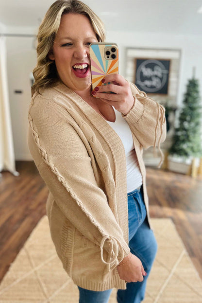 Parchment Cable Knit Braided Tie Sleeve Plus Size Knit Cardigan - ELLEsinil