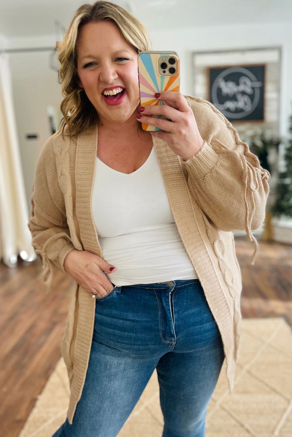 Parchment Cable Knit Braided Tie Sleeve Plus Size Knit Cardigan - ELLEsinil