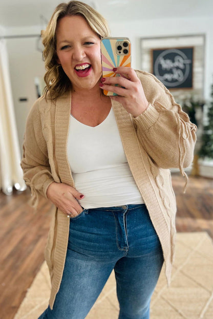 Parchment Cable Knit Braided Tie Sleeve Plus Size Knit Cardigan - ELLEsinil