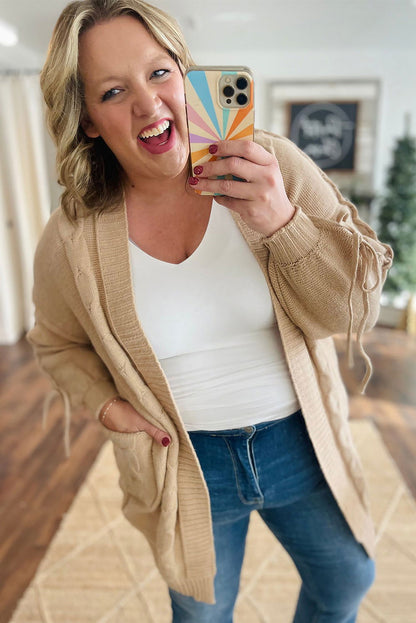 Parchment Cable Knit Braided Tie Sleeve Plus Size Knit Cardigan - ELLEsinil