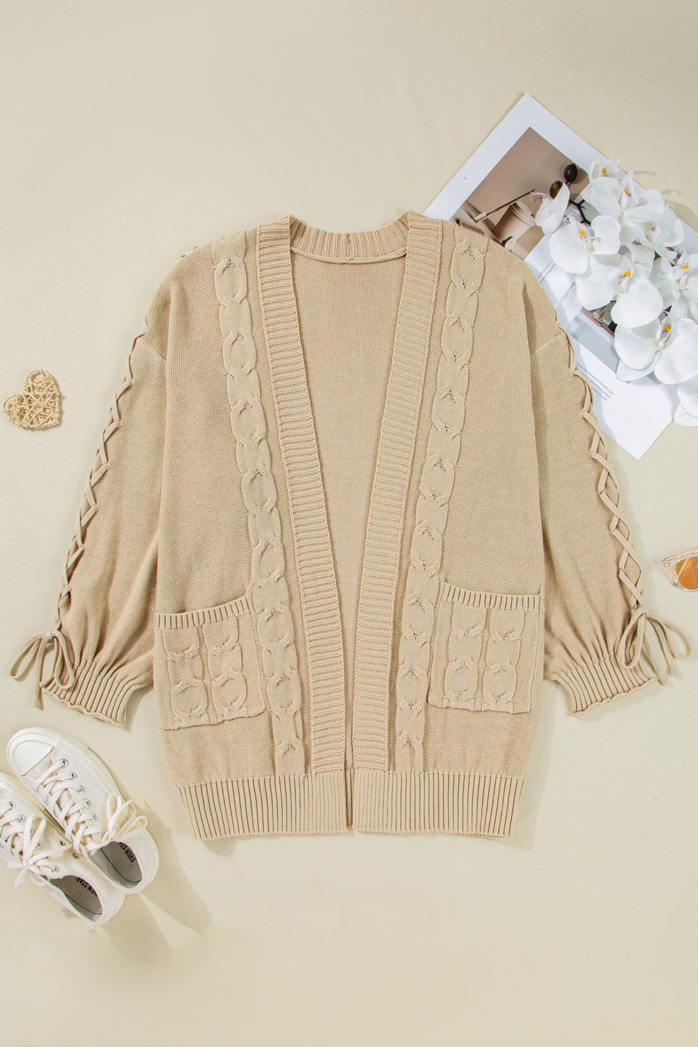 Parchment Cable Knit Braided Tie Sleeve Plus Size Knit Cardigan - ELLEsinil