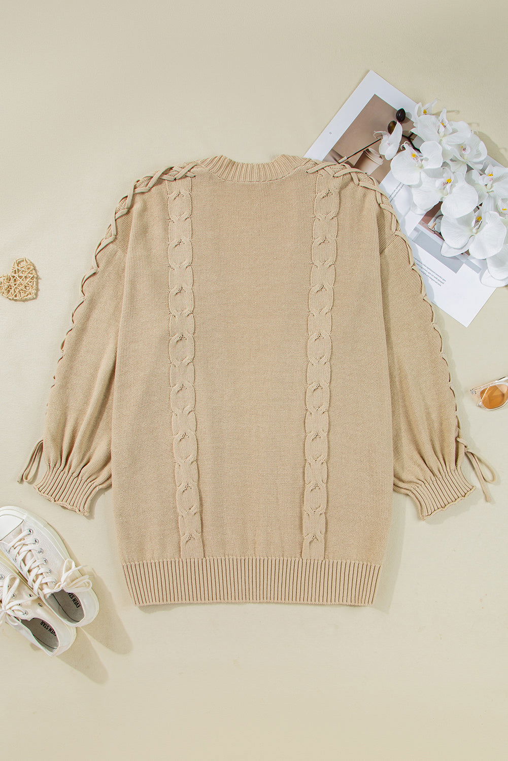 Parchment Cable Knit Braided Tie Sleeve Plus Size Knit Cardigan - ELLEsinil