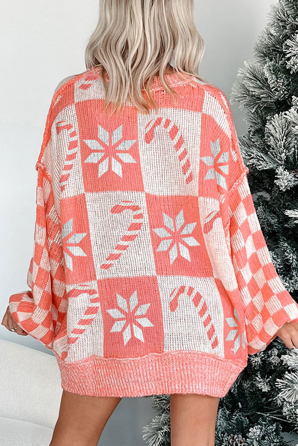 Pink Candycane Snowflake Checker Christmas Holiday Drop Shoulder Tunic Loose Sweater - ELLEsinil