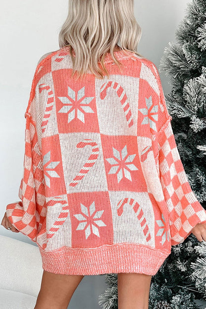 Pink Candycane Snowflake Checker Christmas Holiday Drop Shoulder Tunic Loose Sweater - ELLEsinil