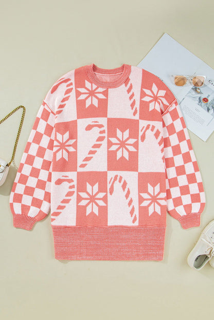 Pink Candycane Snowflake Checker Christmas Holiday Drop Shoulder Tunic Loose Sweater - ELLEsinil