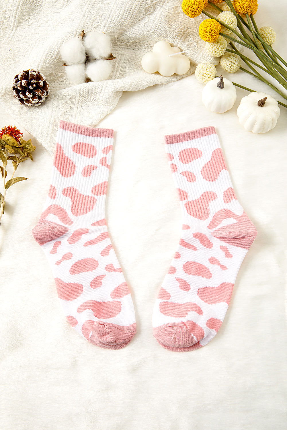Pink Cow Print Fashion Crew Socks - ELLEsinil