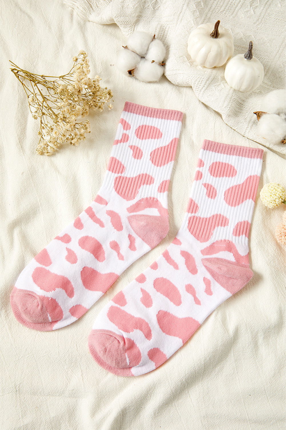 Pink Cow Print Fashion Crew Socks - ELLEsinil