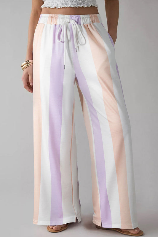 Purple Striped Colorblock High Waist Wide Leg Pants - ELLEsinil