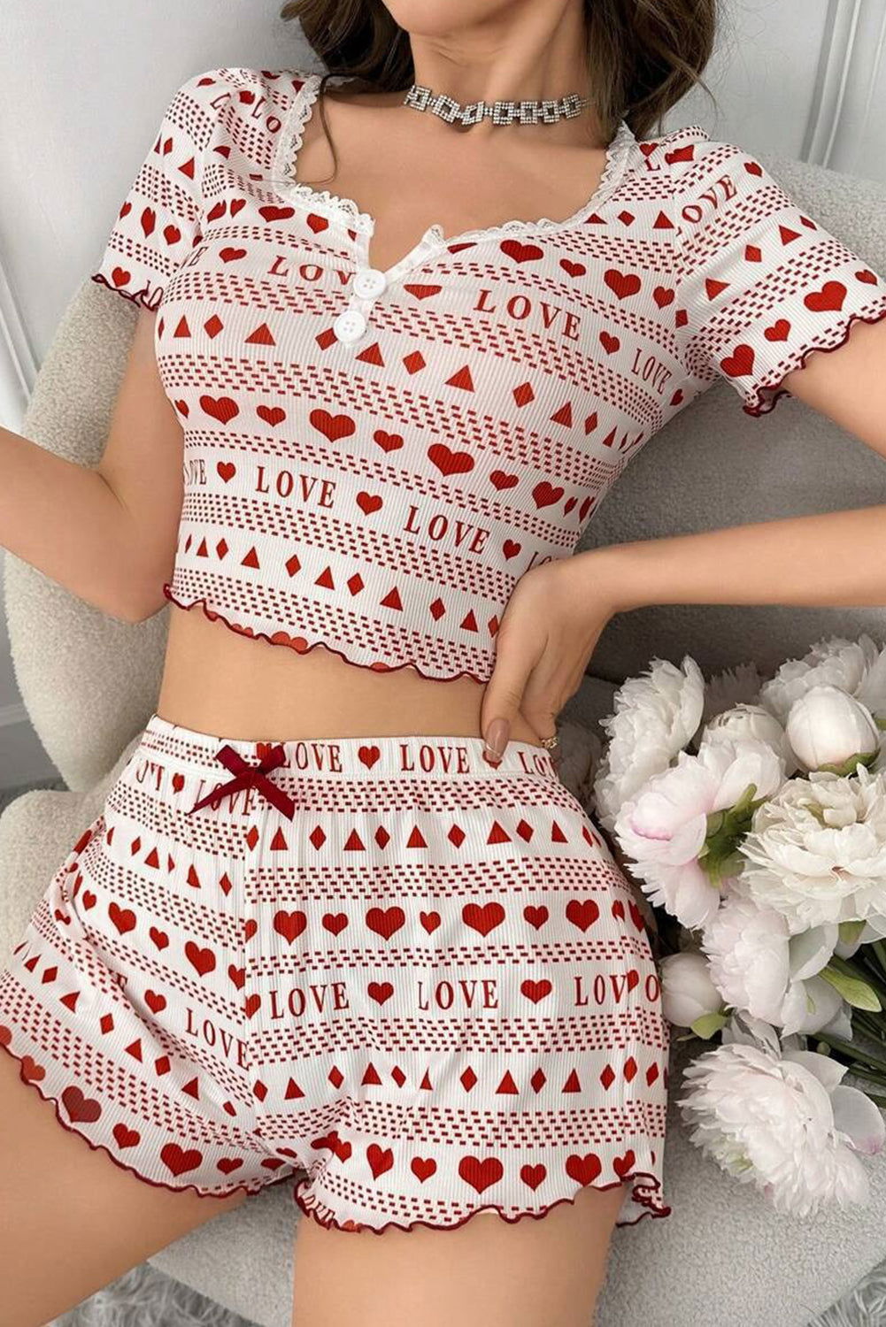 Red Heart Love Print Lace Trim Neck Crop Top and Shorts Pajama Set - ELLEsinil