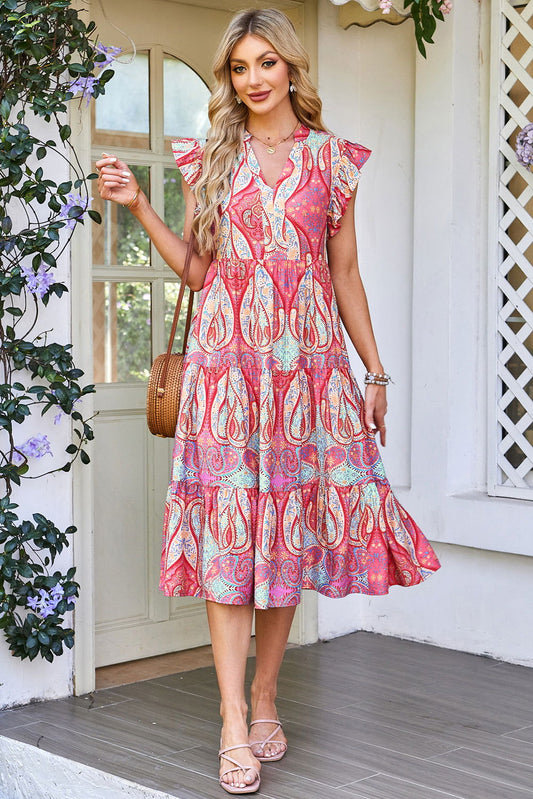 Rose Tribal Paisley Print Ruffled Sleeve Notch Neck Midi Dress - ELLEsinil