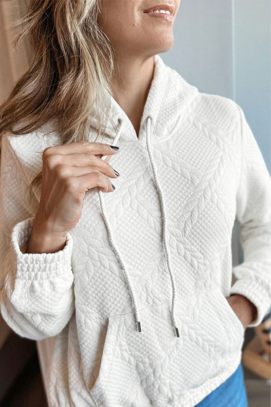 White Lattice Texture Kangaroo Pocket Hoodie - ELLEsinil