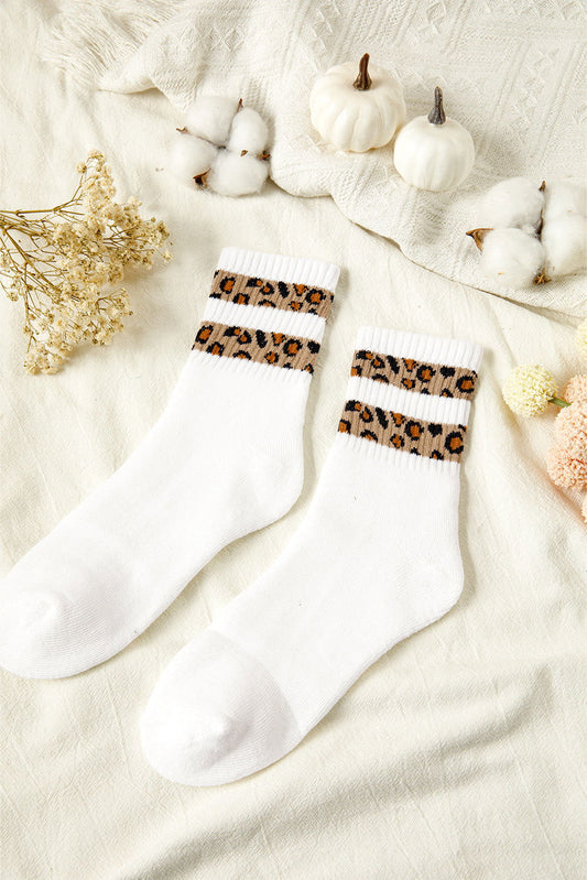 White Leopard Double Stripe Crew Socks - ELLEsinil