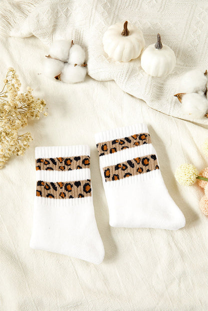 White Leopard Double Stripe Crew Socks - ELLEsinil