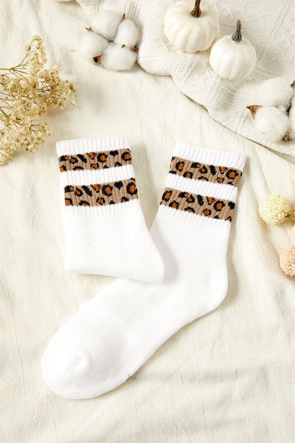 White Leopard Double Stripe Crew Socks - ELLEsinil