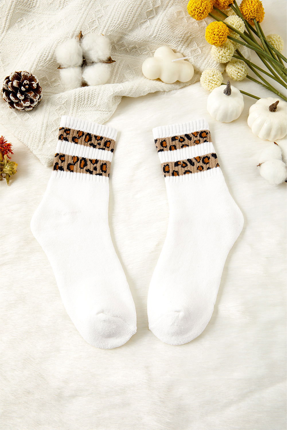 White Leopard Double Stripe Crew Socks - ELLEsinil