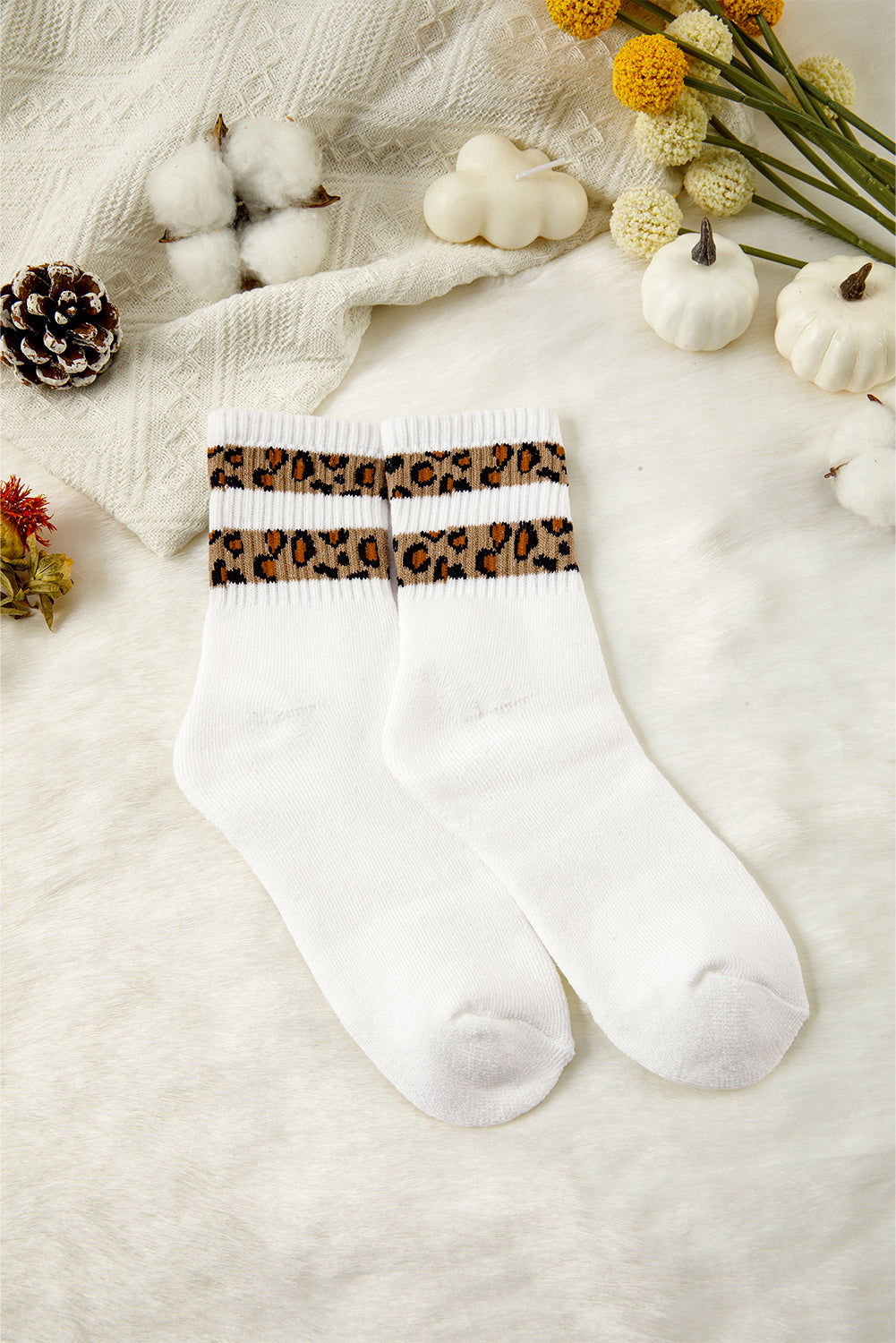 White Leopard Double Stripe Crew Socks - ELLEsinil