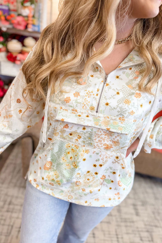 Yellow Floral Print Half Zip Hooded Long Sleeve Top - ELLEsinil