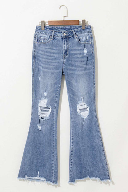 Dusk Blue High Rise Ripped Distressed Hem Flared Jeans